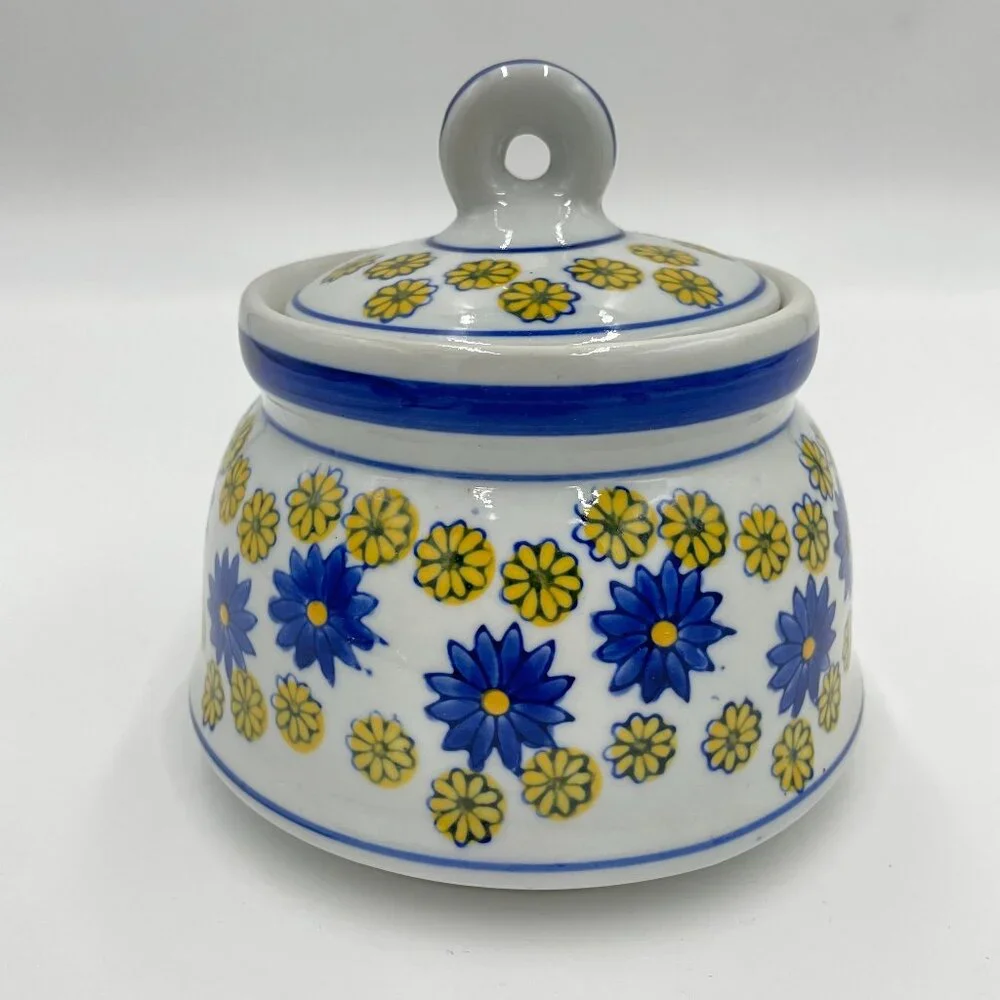 Vintage Jar‎ Small Floral Lid Keepsakes Ceramic White Blue Yellow Daisies Signed
